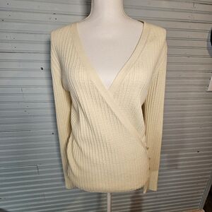 Loft Cream wool blend wrap style with button feature sweater Women's size L